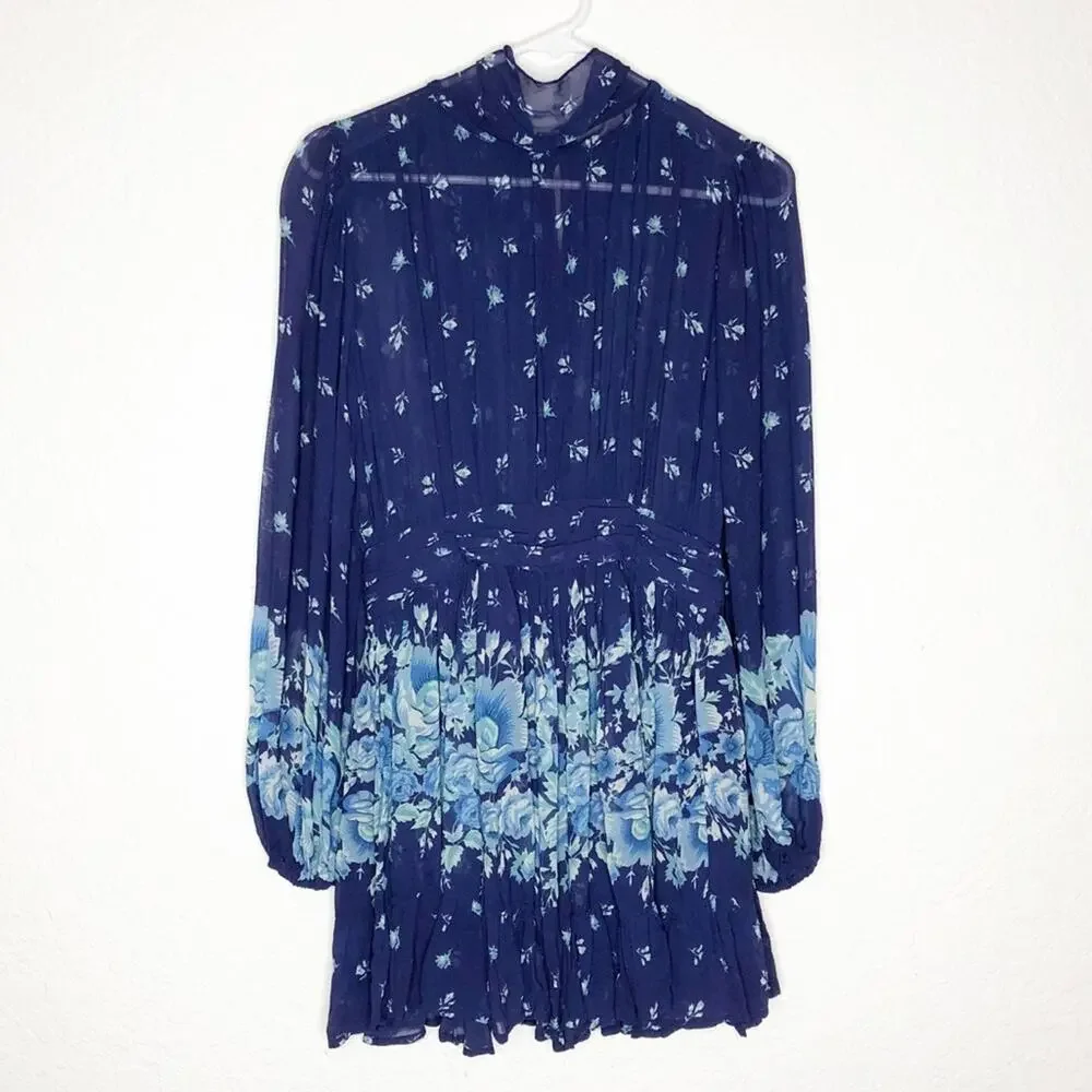 Anthropologie LeTrueBe blue floral sheer overlay dress size Small